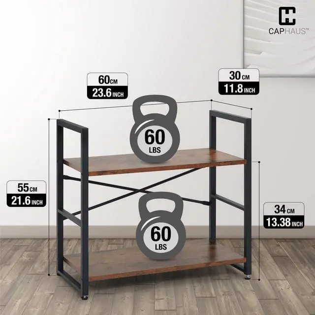 Alt view image 3 of 7 - 2 Tier Small Bookshelf, 24 Inch Width Free Standing Shelf, Bookcase Shelf Storage Organizer, Industrial Book Shelves for Home Office, Living Room, Rustic Oak Vintage Shelves & Metal Frame
