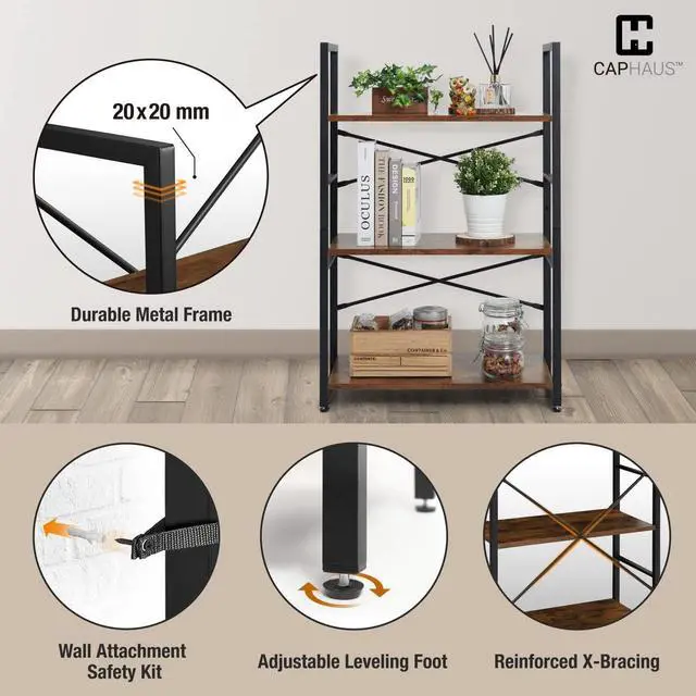 Alt view image 5 of 7 - 2 Tier Small Bookshelf, 24 Inch Width Free Standing Shelf, Bookcase Shelf Storage Organizer, Industrial Book Shelves for Home Office, Living Room, Rustic Oak Vintage Shelves & Metal Frame