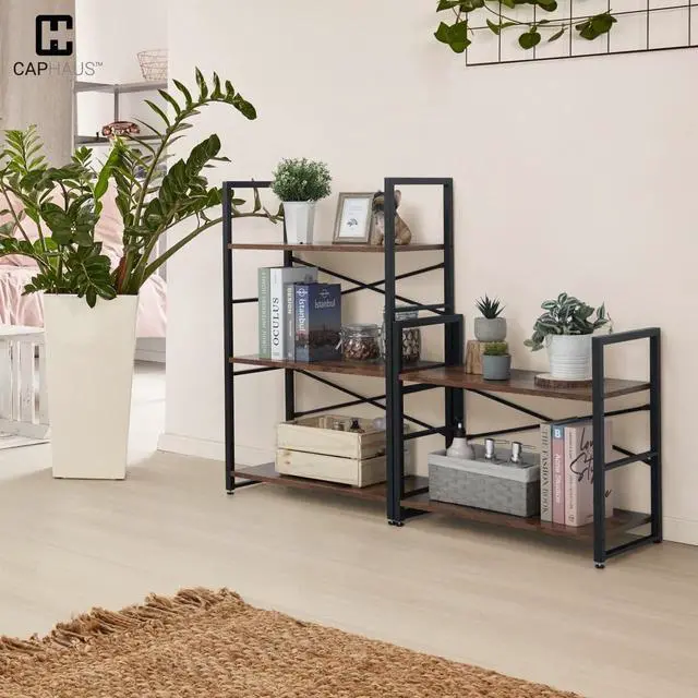 Alt view image 4 of 7 - 2 Tier Small Bookshelf, 24 Inch Width Free Standing Shelf, Bookcase Shelf Storage Organizer, Industrial Book Shelves for Home Office, Living Room, Rustic Oak Vintage Shelves & Metal Frame