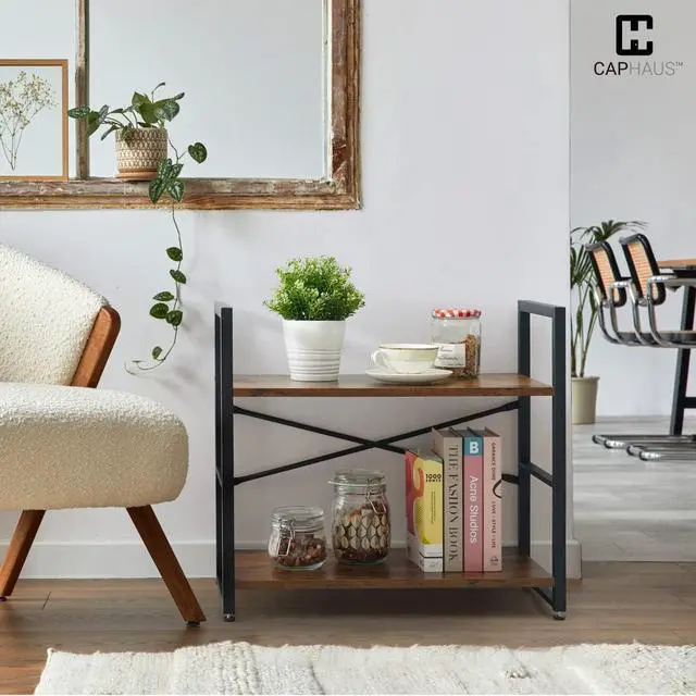 Alt view image 7 of 7 - 2 Tier Small Bookshelf, 24 Inch Width Free Standing Shelf, Bookcase Shelf Storage Organizer, Industrial Book Shelves for Home Office, Living Room, Rustic Oak Vintage Shelves & Metal Frame