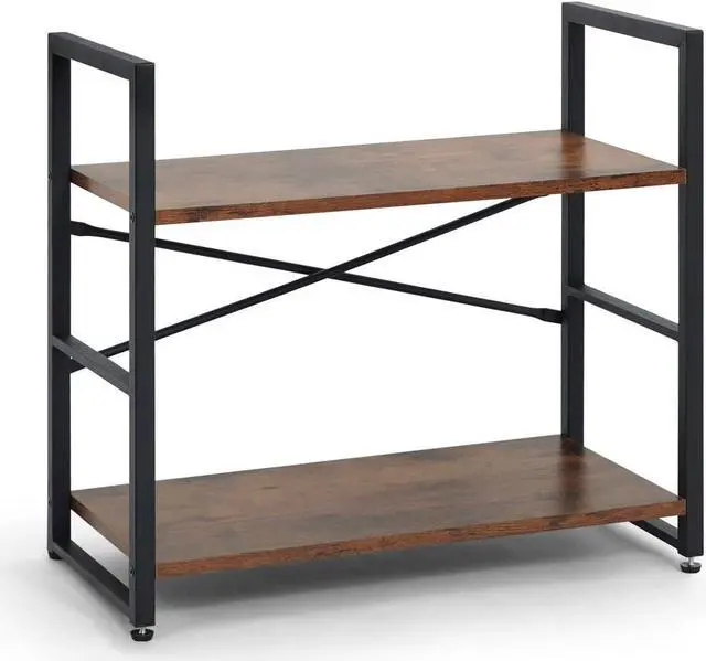 Alt view image 2 of 7 - 2 Tier Small Bookshelf, 24 Inch Width Free Standing Shelf, Bookcase Shelf Storage Organizer, Industrial Book Shelves for Home Office, Living Room, Rustic Oak Vintage Shelves & Metal Frame