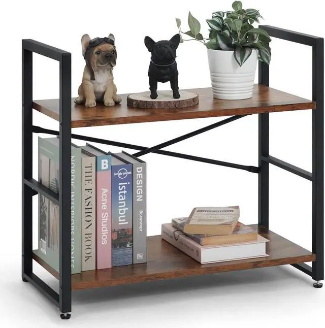 Main image of 2 Tier Small Bookshelf, 24 Inch Width Free Standing Shelf, Bookcase Shelf Storage Organizer, Industrial Book Shelves for Home Office, Living Room, Rustic Oak Vintage Shelves & Metal Frame
