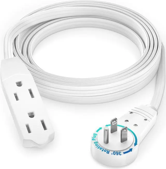 Main image of Maximm Cable 8 Ft 360° Rotating Flat Plug Extension Cord/Wire, 16 AWG Multi 3 Outlet Extension Wire, 3 Prong Grounded Wire - White - UL Certified
