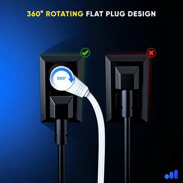 Alt view image 4 of 7 - Maximm 360° Rotating Flat Plug Extension Cord 1 feet Flat Extension Cord Under Carpet with Slim Space-Saving Plug Design, Low Profile Extension Cord (White)