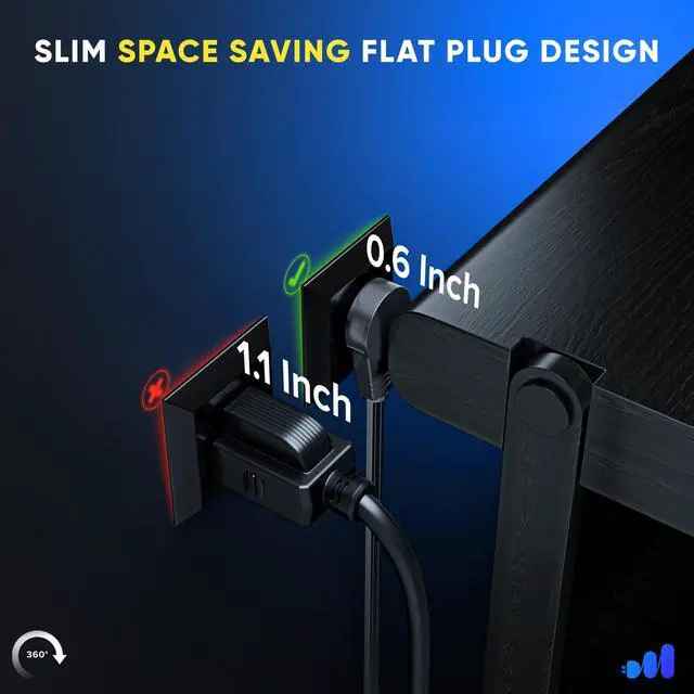 Alt view image 3 of 7 - Maximm 360° Rotating Flat Plug Extension Cord 6 feet Flat Extension Cord Under Carpet with Slim Space-Saving Plug Design, Low Profile Extension Cord (Black)