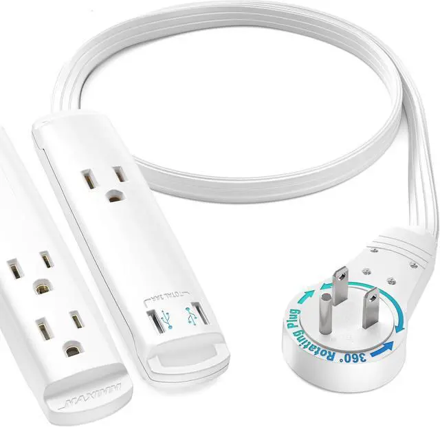 Main image of Maximm Extension Cord with USB Ports 1FT, 360° Rotating Flat Plug Extension Cord, 3-Outlet with USB Ports (2 Ports), 3 Prong Extension Cord, Grounded Extension Cord (White) UL Certified