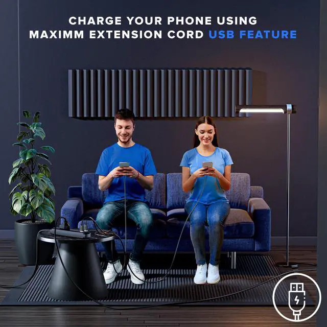Alt view image 5 of 7 - Maximm Extension Cord with USB Ports 6FT, 360° Rotating Flat Plug Extension Cord, 3-Outlet with USB Ports (2 Ports), 3 Prong Extension Cord, Grounded Extension Cord (Black) UL Certified