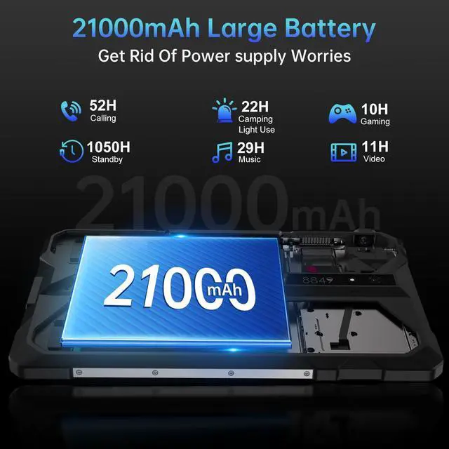 Alt view image 3 of 7 - 8849 Tank Pad Android 14 Tablet 10.95 inch, 21000mAh 5G Unlocked Tablet with Projector, 32GB+512GB/(2TB Expand) Waterproof Tablets for Adults, 32MP+50MP Camera/66W Charger/Camping Light/WiFi/GPS/OTG