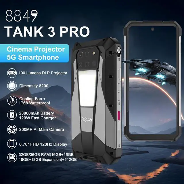 Alt view image 2 of 7 - 8849 Tank 3 Pro Rugged Phone 16GB+ 512GB Lumens Projector 200MP Camera Night Vision 6.79'' 23800mAh NFC 5G Smartphone