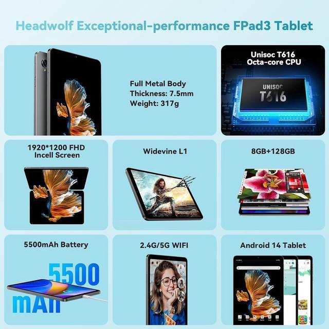 Headwolf Android 14 Tablet, FPad3 8.4 inch FHD 1920 * 1200 Display 