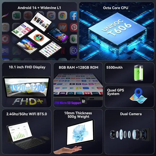 Alt view image 2 of 7 - Headwolf 2024 New Arrival WPad5 10.1'' IPS Android 14 Tablet, T606 Octa Core FHD 1920 * 1200 Display Tablet, 8GB RAM + 128GB ROM, Widevine L1, 5500mAh, 2.4/5G WiFi GPS Tablet