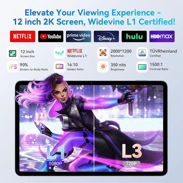 Alt view image 4 of 7 - Headwolf New Arrival HPad6 12'' IPS 2K Android 14 Tablet, Helio G99 Octa Core Tablet, 8+12GB RAM + 256GB ROM Gaming Tablet, 8800mAh, Widevine L1, 16MP+8MP, Quad Speaker, 2.4/5G WiFi GPS Tablet