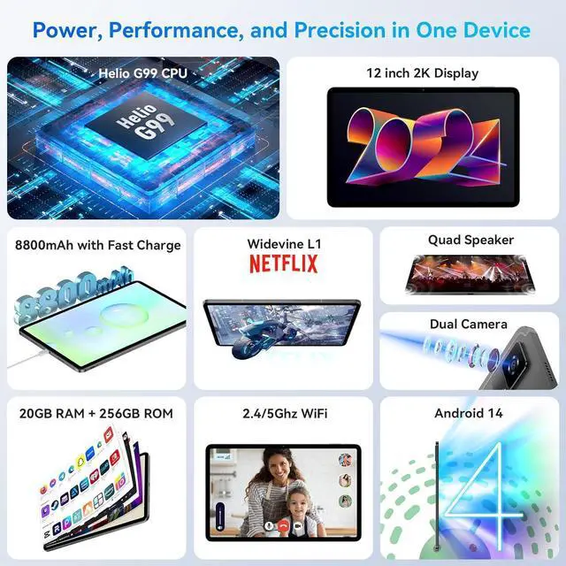 Alt view image 2 of 7 - Headwolf New Arrival HPad6 12'' IPS 2K Android 14 Tablet, Helio G99 Octa Core Tablet, 8+12GB RAM + 256GB ROM Gaming Tablet, 8800mAh, Widevine L1, 16MP+8MP, Quad Speaker, 2.4/5G WiFi GPS Tablet