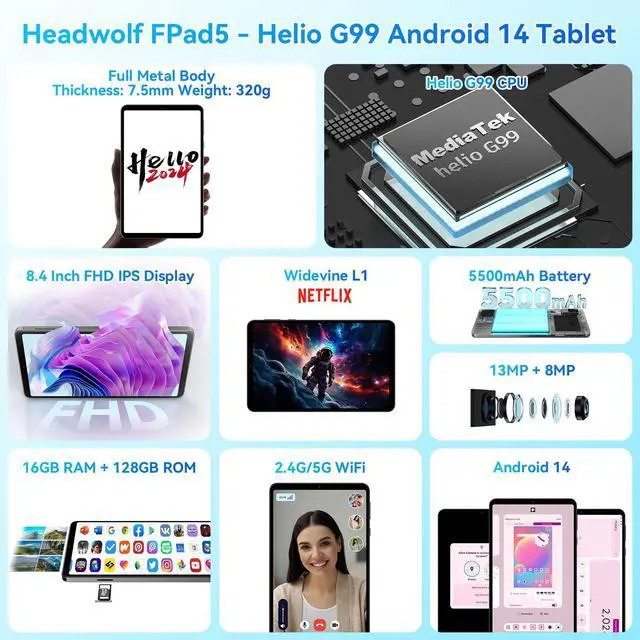Alt view image 2 of 7 - Headwolf New Arrival FPad5 8.4'' IPS Android 14 Tablet, Helio G99 Octa Core Tablet, FHD 1920 * 1200 Display Tablet, 16GB RAM + 128GB ROM, Widevine L1, 5500mAh, 13MP+8MP, 2.4/5G WiFi GPS Tablet