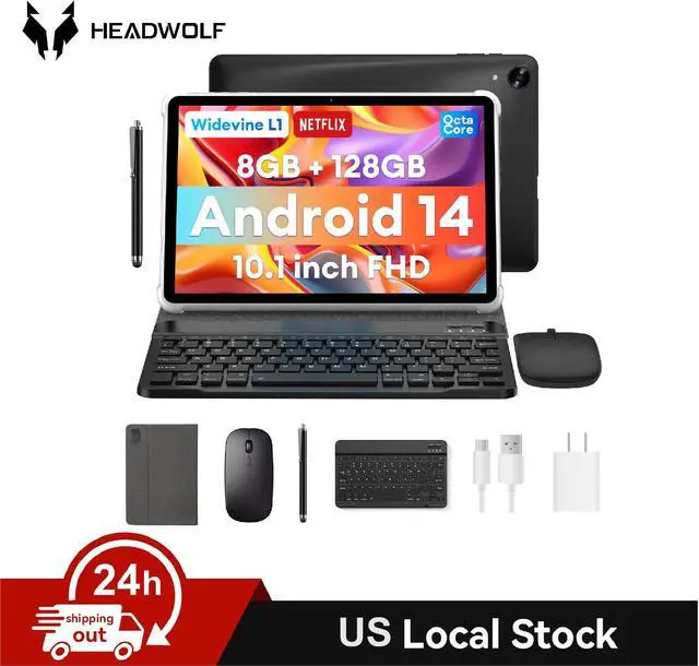 Headwolf 10 inch Android 14 Tablet with Keyboard, 2 in 1