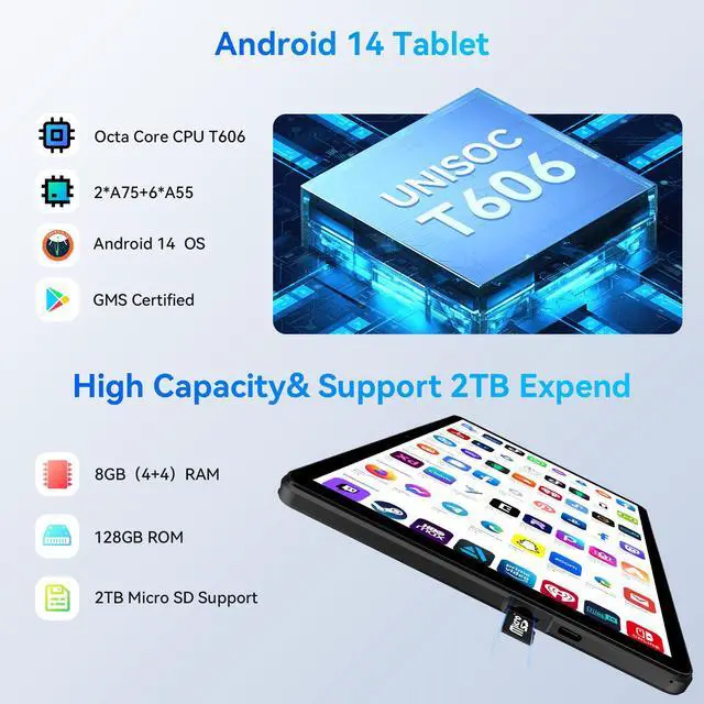 Alt view image 3 of 7 - Headwolf 10 inch Android 14 Tablet with Keyboard, 2 in 1 Tablet with Case Mouse Stylus, 1920 * 1200 FHD Display, Octa Core, 8GB RAM+128GB ROM, Widevine L1, 5500mAh, 2024 Latest Electronics Tablets