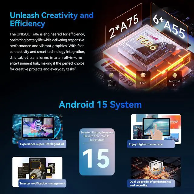 Alt view image 3 of 7 - Headwolf Android 15 Tablet 10 Inch Tablets, WPad6 Octa Core FHD 1920 * 1200 Incell Display Android Tablet, 8GB RAM + 128GB ROM, Widevine L1 Support, Wireless Projection, Dual Cameras, 6000mAh