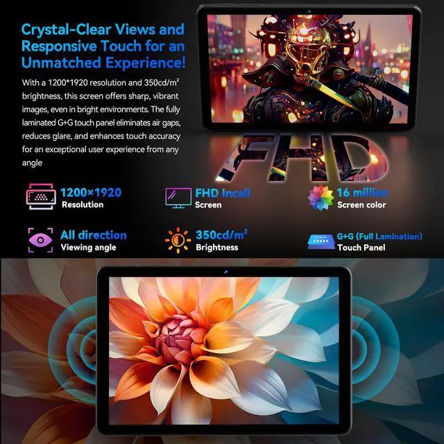 Alt view image 4 of 7 - Headwolf Android 15 Tablet 10 Inch Tablets, WPad6 Octa Core FHD 1920 * 1200 Incell Display Android Tablet, 8GB RAM + 128GB ROM, Widevine L1 Support, Wireless Projection, Dual Cameras, 6000mAh