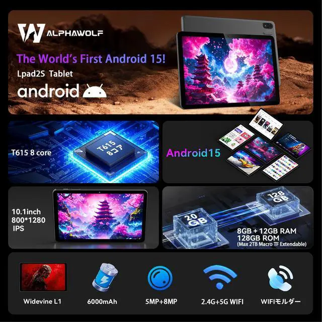 Alt view image 2 of 7 - Alphawolf Lpad2S Android 15 Tablet 10 inch,20GB (8+12GB Expanded) RAM 128GB ROM Octa-Core Processor, 5MP + 8MP Dual Camera, Widevine L1, 2.4G/5G WiFi,6000mAh Battery