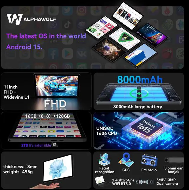 Alt view image 2 of 7 - Alphawolf Lpad3A Android 15 Tablet 11 inch, FHD 1920 * 1200 IPS Display, 20GB (8+12GB Expanded) RAM 128GB ROM Octa-Core Processor, 5MP + 13MP Dual HD Camera, Widevine L1, 2.4G/5G WiFi,8000mAh