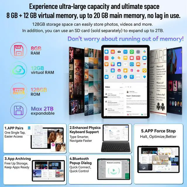 Alt view image 4 of 7 - Alphawolf Latest Android 15 Tablets Computer Set with keyboard, Wi-Fi Model 10.1 Inch Octa-core CPU T615, 20GB (8+12 Virtual), 128GB ROM, Widevine L1, Stereo Speaker, 6000mAh, 5MP+8MP Dual Camera