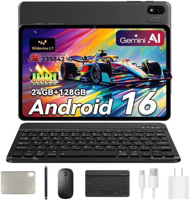Main image of Headwolf Android 16 Tablet, 10 inch Tablet, Gemini Al 3.0 Android Tablets, 2 in 1 Tablet with Keyboard, 128gb ROM+24(4+20)gb RAM+ 2TB Expand, Octa-Core Processor, Bluetooth, GPS, Gray