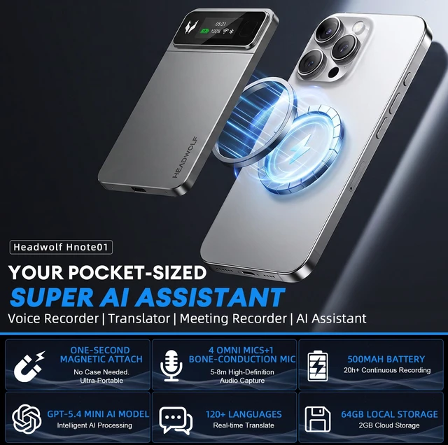 Alt view image 2 of 7 - HEADWOLF Hnote01 AI Smart Voice Recorder Transcribe & Summarize For Meetings Calls, 64GB Local + 2GB Cloud Storage, 500mAh, 120+ Languages, Ultra-Slim, InstantView Display, 4 Mic+1 Bone Conduction Mic