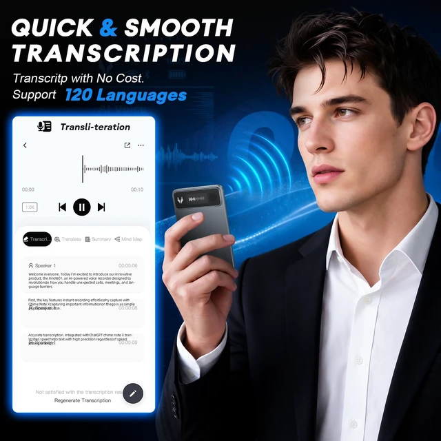 Alt view image 4 of 7 - HEADWOLF Hnote01 AI Smart Voice Recorder Transcribe & Summarize For Meetings Calls, 64GB Local + 2GB Cloud Storage, 500mAh, 120+ Languages, Ultra-Slim, InstantView Display, 4 Mic+1 Bone Conduction Mic
