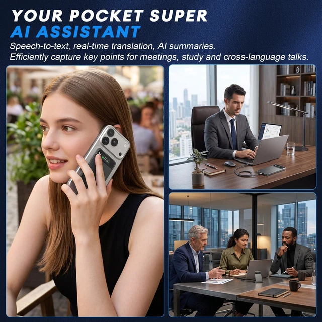 Alt view image 5 of 7 - HEADWOLF Hnote01 AI Smart Voice Recorder Transcribe & Summarize For Meetings Calls, 64GB Local + 2GB Cloud Storage, 500mAh, 120+ Languages, Ultra-Slim, InstantView Display, 4 Mic+1 Bone Conduction Mic