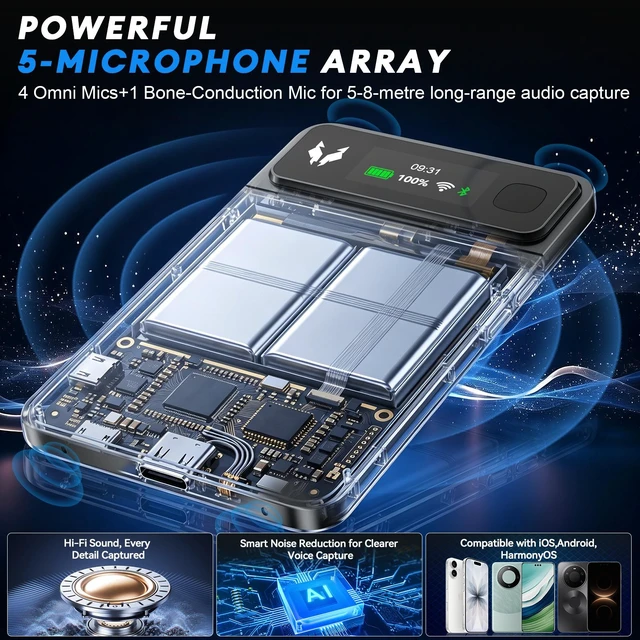 Alt view image 6 of 7 - HEADWOLF Hnote01 AI Smart Voice Recorder Transcribe & Summarize For Meetings Calls, 64GB Local + 2GB Cloud Storage, 500mAh, 120+ Languages, Ultra-Slim, InstantView Display, 4 Mic+1 Bone Conduction Mic