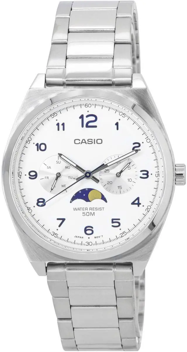 Main image of Casio Moon Phase Analog White Dial Japan Mov't Quartz MTPM300D7A 50M Mens Watch