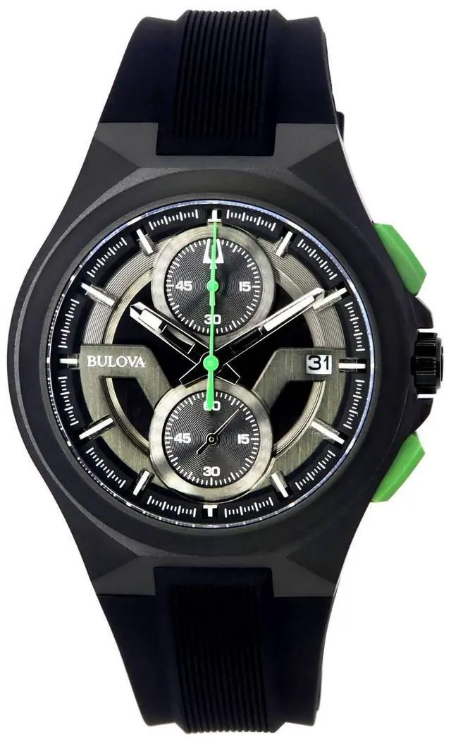 Main image of Bulova Maquina Chronograph Black Dial Black Strap Quartz 98B381 Men's Watch