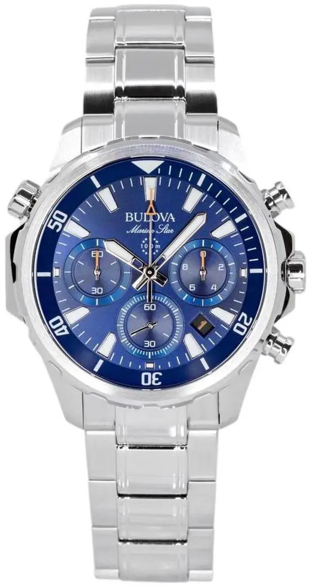 Alt view image 7 of 11 - Men's Bulova Marine Star Blue Dial Steel Chronograph Watch 96B256