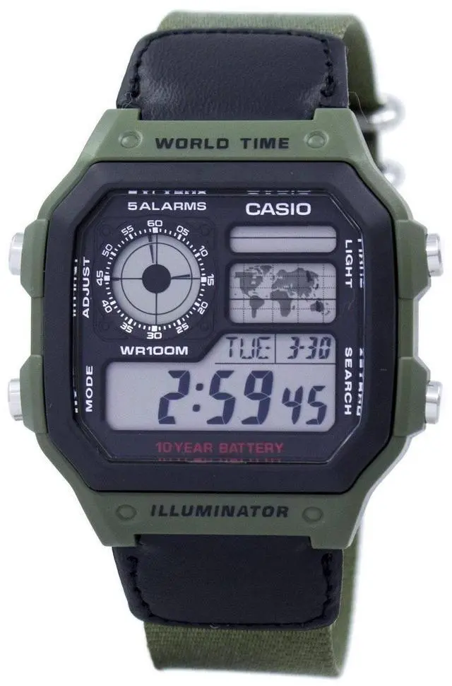 Alt view image 4 of 10 - Casio AE-1200WHB-3BV Men's Multi Function Green Band Digital Watch w/ World Time
