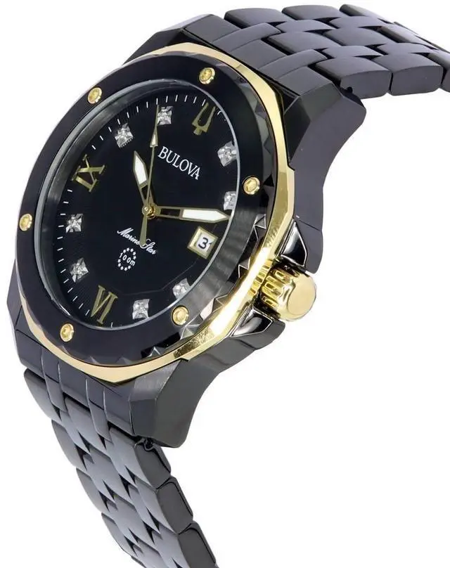 Alt view image 7 of 7 - Bulova Marine Star Diamond Accents Black Dial Date Quartz 98D176 100M Mens Watch