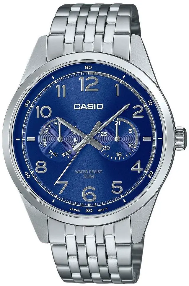 Main image of Casio MTP-E340D-2AV Stainless Steel Blue Dial Day/Date Quartz Analog Mens Watch