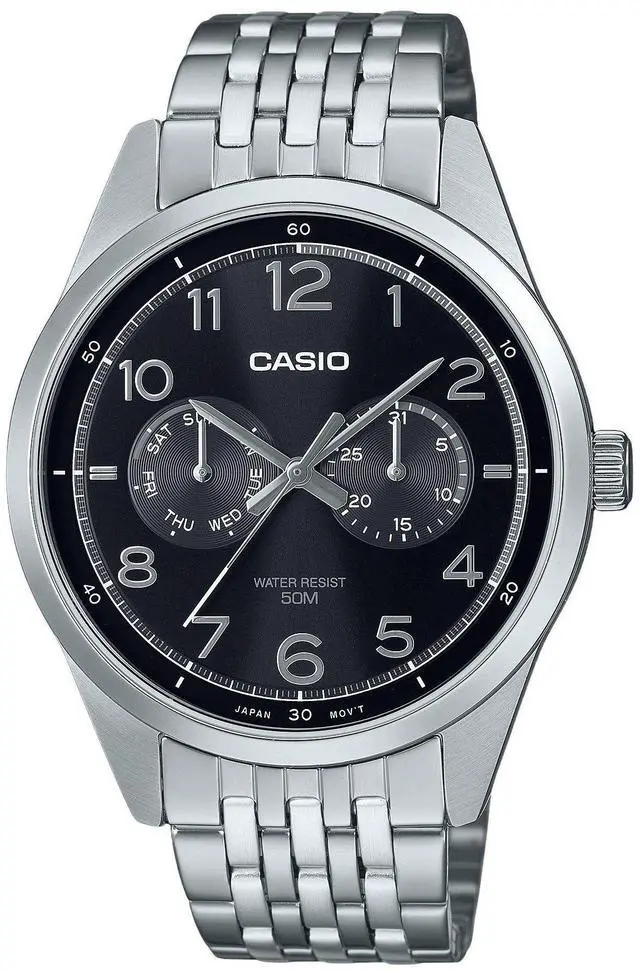 Main image of Casio MTP-E340D-1AV Stainless Steel Black Dial Day/Date Quartz Analog Mens Watch