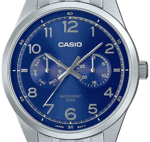 Alt view image 2 of 3 - Casio MTP-E340D-2AV Stainless Steel Blue Dial Day/Date Quartz Analog Mens Watch