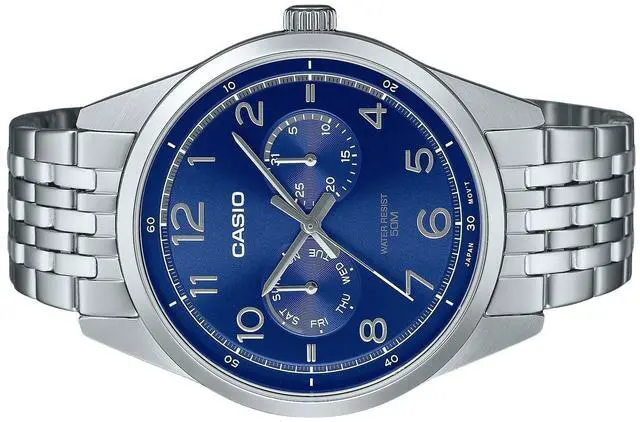 Alt view image 3 of 3 - Casio MTP-E340D-2AV Stainless Steel Blue Dial Day/Date Quartz Analog Mens Watch