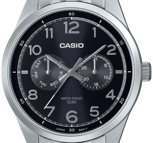 Alt view image 2 of 3 - Casio MTP-E340D-1AV Stainless Steel Black Dial Day/Date Quartz Analog Mens Watch