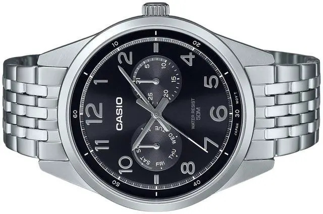 Alt view image 3 of 3 - Casio MTP-E340D-1AV Stainless Steel Black Dial Day/Date Quartz Analog Mens Watch