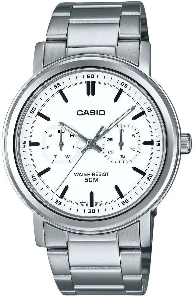 Main image of Casio MTP-E335D-7EV Stainless Steel White Dial Day/Date Quartz Analog Mens Watch