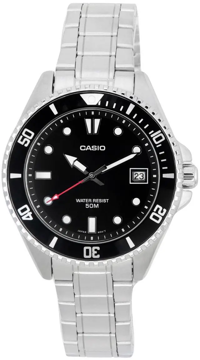 Main image of Casio Analog Stainless Steel Black Dial Quartz Date MDV-10D-1A1 50M Mens Watch