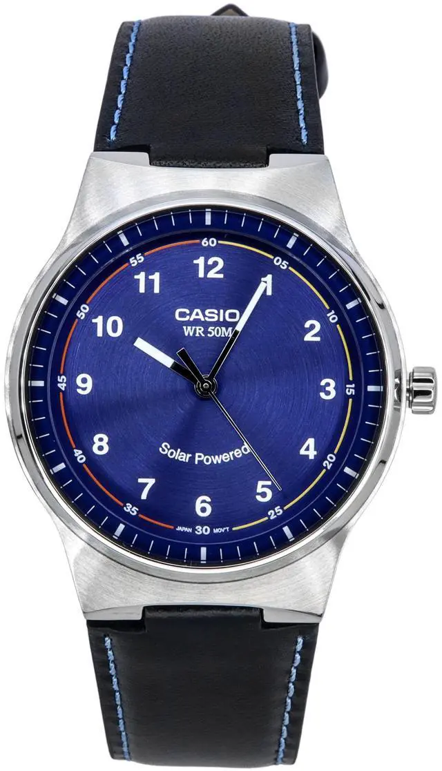 Main image of Casio Solar Powered Blue Dial Black Leather Strap MTP-RS105L-2B 50M Mens Watch