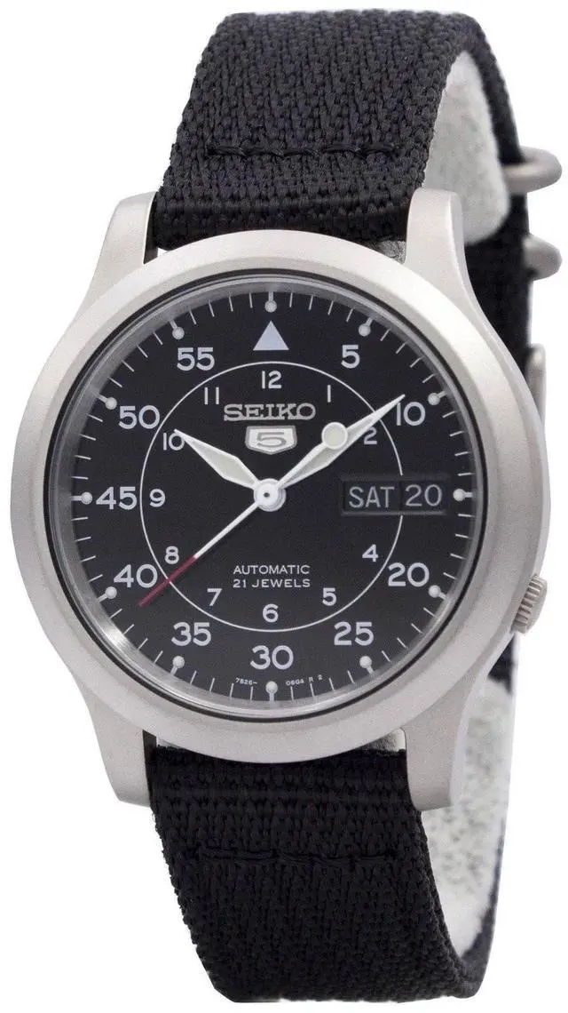 Alt view image 10 of 16 - Seiko 5 Black Dial Black Canvas Strap Automatic Mens Watch SNK809K2