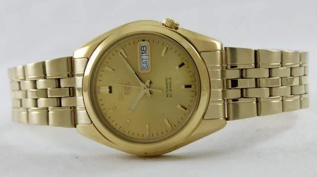 Alt view image 5 of 7 - Seiko 5 Automatic 21 Jewels SNK366K1 Stainless Steel Gold Tone Dial Mens Watch