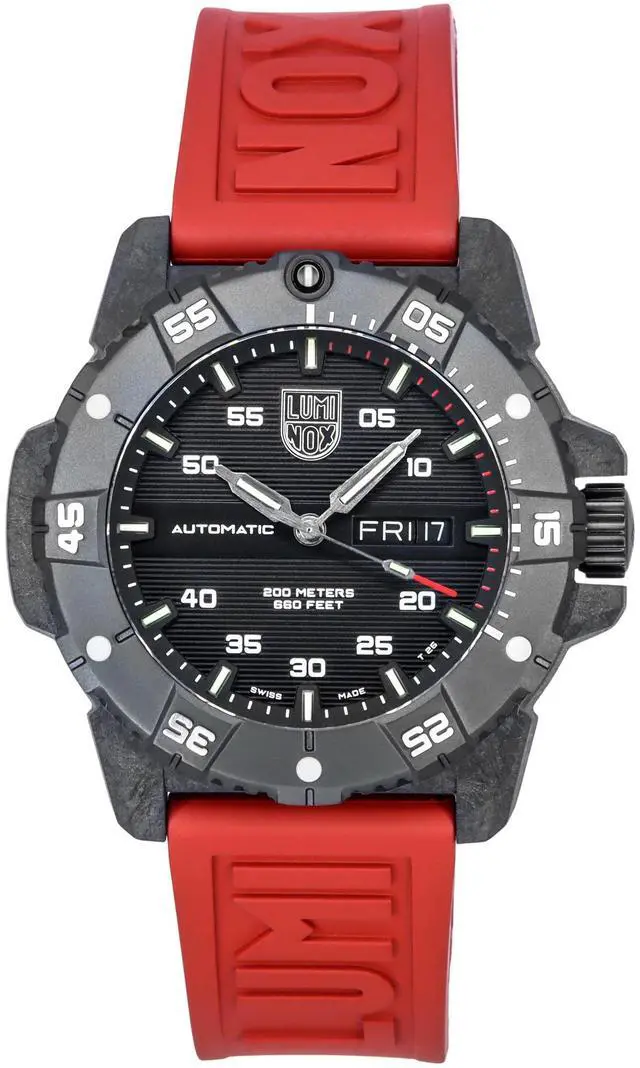 Alt view image 5 of 7 - Men's Luminox Carbon SEAL Automatic Red Strap Swiss Dive Watch 3875