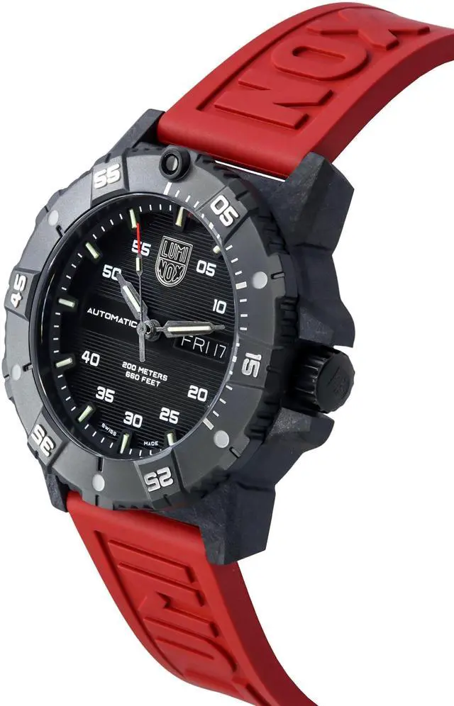 Alt view image 6 of 7 - Men's Luminox Carbon SEAL Automatic Red Strap Swiss Dive Watch 3875
