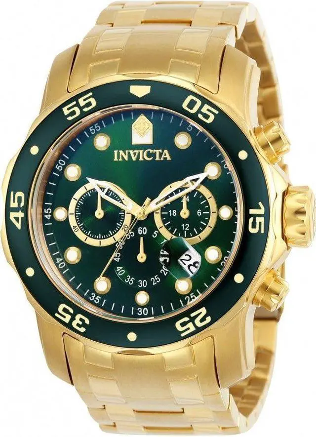 Alt view image 15 of 17 - Invicta Men's Pro Diver Chronograph Watch - 18K Gold Plated Steel, Green Dial