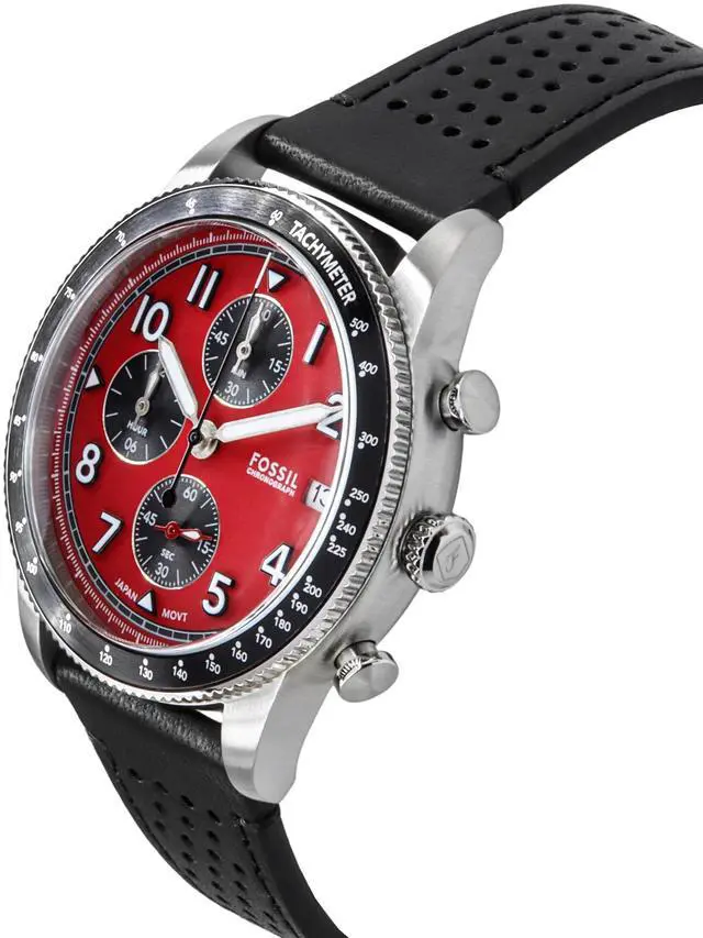 Alt view image 3 of 4 - Fossil Sport Tourer Chronograph Leather Strap Red Dial Quartz FS6086 Men's Watch